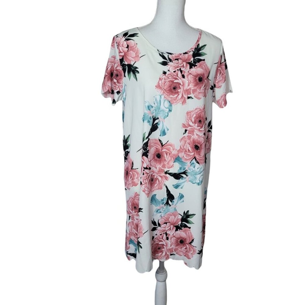 Vanilla Bay Dress Floral Short Sleeve White Pink Roses Short Womens Large - Picture 11 of 13